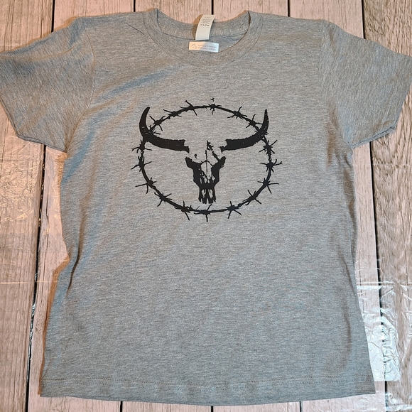 Gray Kids Short Sleeve Tee with Bull Skull and Barbwire Design - Picture 3 of 3